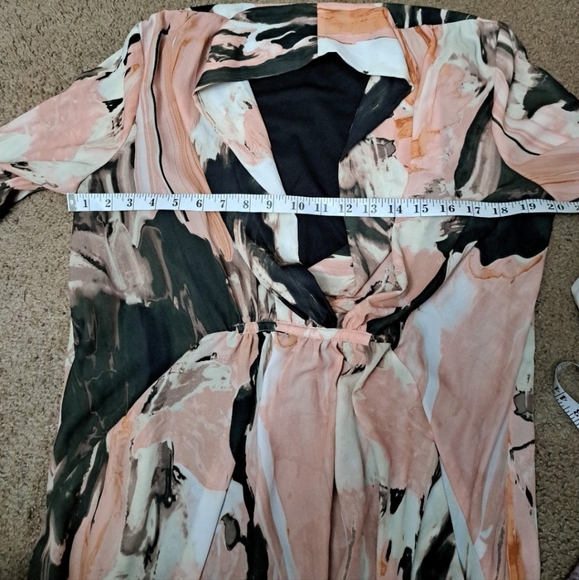 Bar III Dress Pink Black V Neck Woven Lined Tie Waist 3/4 Sleeves - Picture 9 of 12